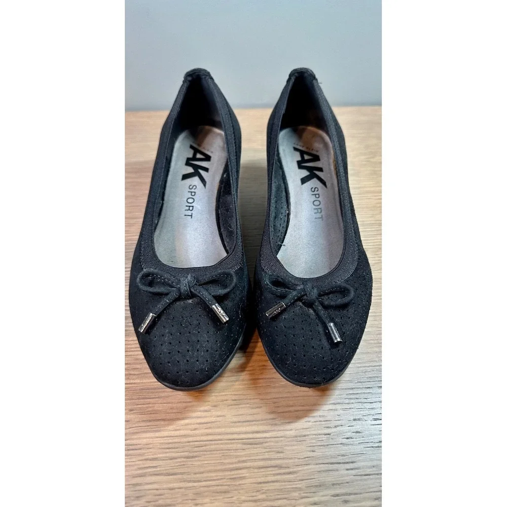 Anne Klein Sport AKCaria Black Wedge Flats Bow Comfort Shoes 7M